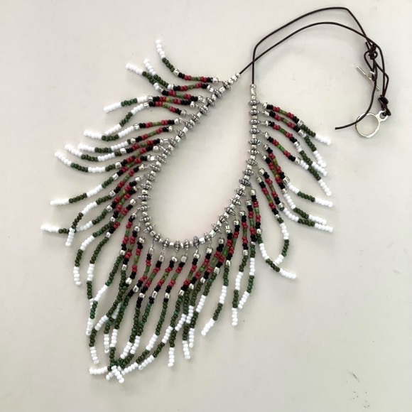 Handmade boho fringed festival beaded necklace in silver, green, and white - Picture 3 of 4